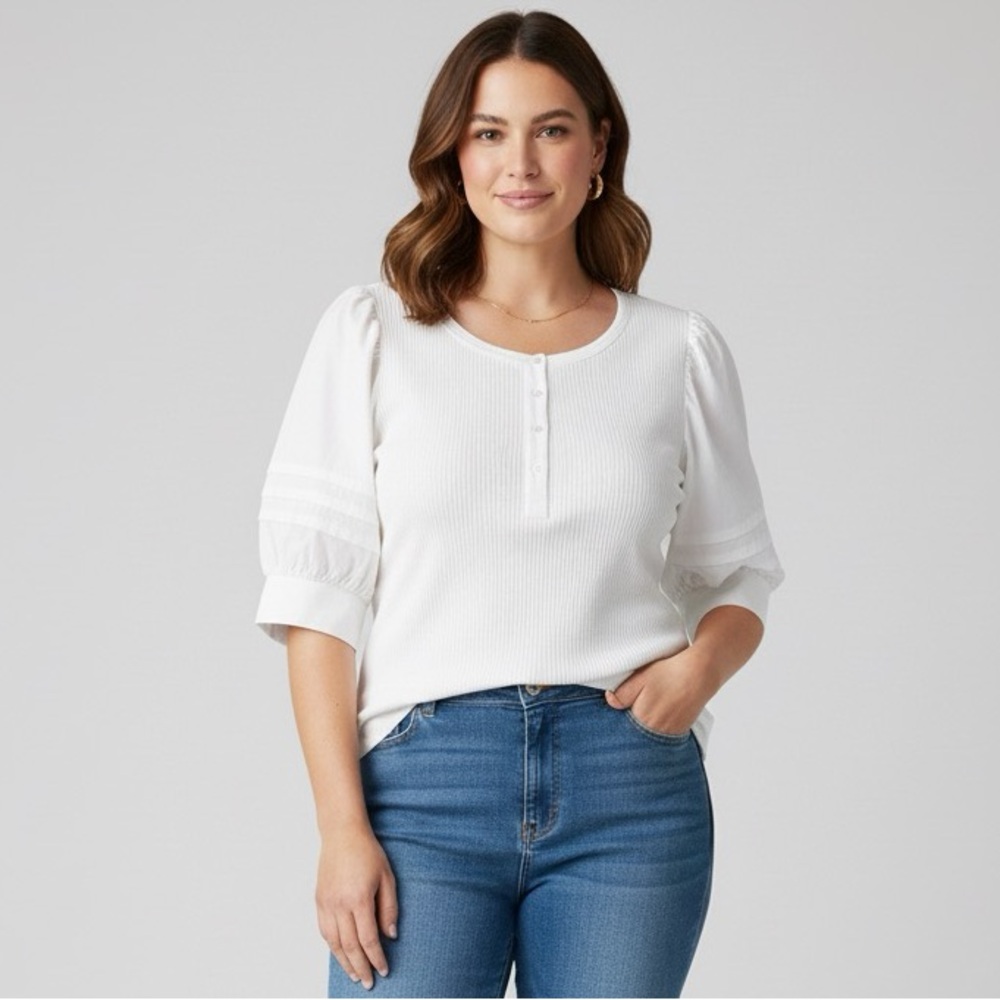 NWT Chico's White Button-Front Puff Sleeve Blouse